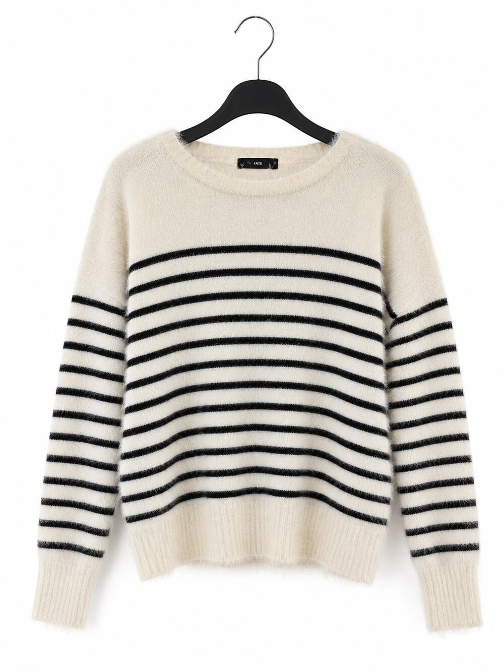 FATE Women’s Small Ivory Black Stripe Fuzzy Sweater Crew Neck Soft Knit Pullover